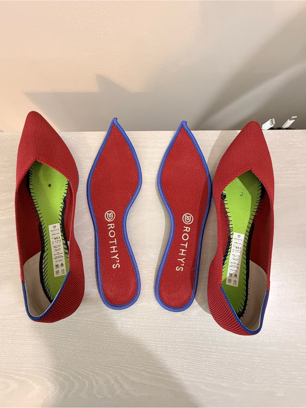 Rothy's Red Pointed-Toe Knit Flats with Blue Trim - Picture 3 of 11